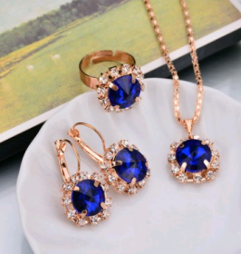 Europe And The United States Personalized Water Drop Color Diamond Necklace, Earrings, Rings Set, Shiny High-end Bridal Jewelry Wholesale (Option: Round blue-2)