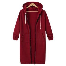 Hooded Long Sleeve Sweater Fleece Long Jacket (Option: Wine Red-S)