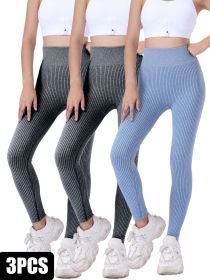 3 Pack Yoga Leggings Ribbed Seamless Workout High Waist  Over Athletic Exercise Leggings (Option: 3PACK1-S)