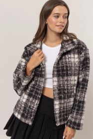 HYFVE Plaid Collared Neck Boucle Jacket With Pockets (Option: Black-S)