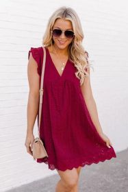 Lace Dresses With Pocket Summer Sleeveless Jacquard Cutout V-Neck Beach Dress (Option: Wine Red-2XL)