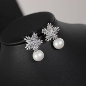 Korean temperament luxury high-grade pearl necklace earrings set with zircon jewelry micro all-match fashion bride (Option: Stud Earrings 925Silver Needl)