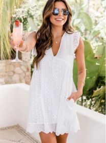 Lace Dresses With Pocket Summer Sleeveless Jacquard Cutout V-Neck Beach Dress (Option: White-2XL)