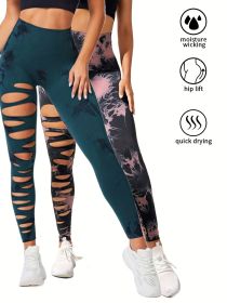 2 Pack Hollow Sexy High Elastic Women's Tie Dye Cutout Tights High Waist Workout Yoga Leggings, Scrunch Butt Lifting Elastic Pants, Tummy Control Butt (Option: 2PACK11-S)