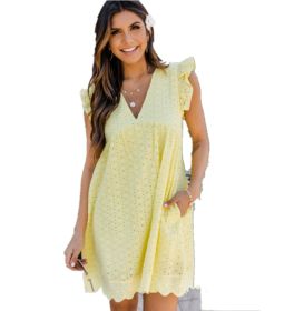 Lace Dresses With Pocket Summer Sleeveless Jacquard Cutout V-Neck Beach Dress (Option: Yellow-2XL)