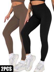 2 Pack Womens Seamless Ribbed Leggings Soft Slimming Yoga Pants, Ribbed Yoga Pants High Waisted Gym Leggings Sport Women Fitness Seamless Female (Option: 2PACK4-S)