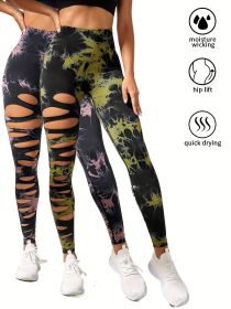 2 Pack Hollow Sexy High Elastic Women's Tie Dye Cutout Tights High Waist Workout Yoga Leggings, Scrunch Butt Lifting Elastic Pants, Tummy Control Butt (Option: 2PACK17-S)