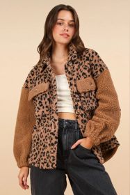 VERY J Fuzzy Leopard Button Down Long Sleeve Jacket (Option: Leopard Camel-M)