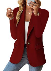 Polyester Autumn Long Sleeve Solid Color Cardigan Small Suit Jacket For Women (Option: Wine Red-S)