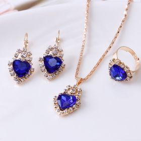 Water drop rhinestone necklace earrings ring set (Option: Heart Royal blue)