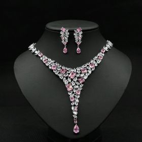 Colorful Zircon Necklace Set Wedding Dress Wedding Earring Accessories (Color: Pink)