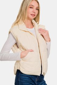 Zenana Zip Up Cropped Puffer Vest With Pockets (Option: Cream-S)