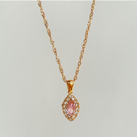 Olive Shaped Horse Eye Zircon Full Drill Titanium Steel Necklace (Color: Pink)