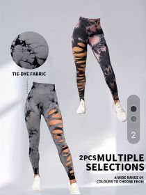 2 Pack Hollow Sexy High Elastic Women's Tie Dye Cutout Tights High Waist Workout Yoga Leggings, Scrunch Butt Lifting Elastic Pants, Tummy Control Butt (Option: 2PACK2-L)