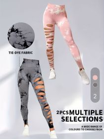 2 Pack Hollow Sexy High Elastic Women's Tie Dye Cutout Tights High Waist Workout Yoga Leggings, Scrunch Butt Lifting Elastic Pants, Tummy Control Butt (Option: 2PACK5-L)