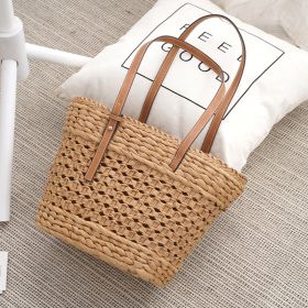 Large Capacity Fashion Urban Simple White Khaki Straw Braided Bag (Option: Khaki-Zipper style)