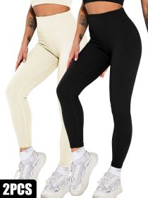 2 Pack Womens Seamless Ribbed Leggings Soft Slimming Yoga Pants, Ribbed Yoga Pants High Waisted Gym Leggings Sport Women Fitness Seamless Female (Option: 2PACK3-S)