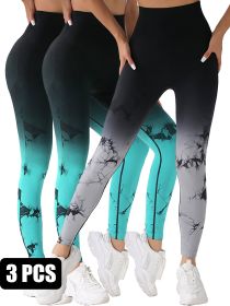 3 Pack Women's Tie Dye Gradient Color Yoga Sports Leggings, Ruched High Waist Workout Seamless Scrunch Booty Leggings Butt Lift Athletic Leggings Tumm (Option: 3PACK3-S)