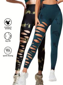 2 Pack Hollow Sexy High Elastic Women's Tie Dye Cutout Tights High Waist Workout Yoga Leggings, Scrunch Butt Lifting Elastic Pants, Tummy Control Butt (Option: 2PACK15-S)