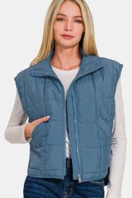 Zenana Zip Up Cropped Puffer Vest With Pockets (Option: Dusty Blue-S)