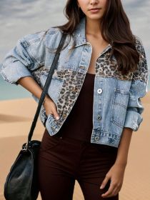 Women's Washed Blue Long Sleeved Denim Jacket, Worn Denim Jacket, Leopard Print Patchwork Short Jacket Top, Women's Clothing (Option: S)