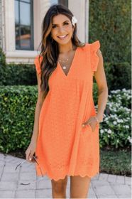 Lace Dresses With Pocket Summer Sleeveless Jacquard Cutout V-Neck Beach Dress (Option: Orange-2XL)