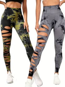 2 Pack Hollow Sexy High Elastic Women's Tie Dye Cutout Tights High Waist Workout Yoga Leggings, Scrunch Butt Lifting Elastic Pants, Tummy Control Butt (Option: 2PACK14-S)