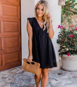 Lace Dresses With Pocket Summer Sleeveless Jacquard Cutout V-Neck Beach Dress (Option: Black-XS)