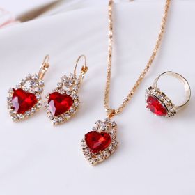 Water drop rhinestone necklace earrings ring set (Option: Heart red)