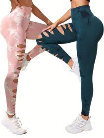 2 Pack Hollow Sexy High Elastic Women's Tie Dye Cutout Tights High Waist Workout Yoga Leggings, Scrunch Butt Lifting Elastic Pants, Tummy Control Butt (Option: 2PACK16-S)